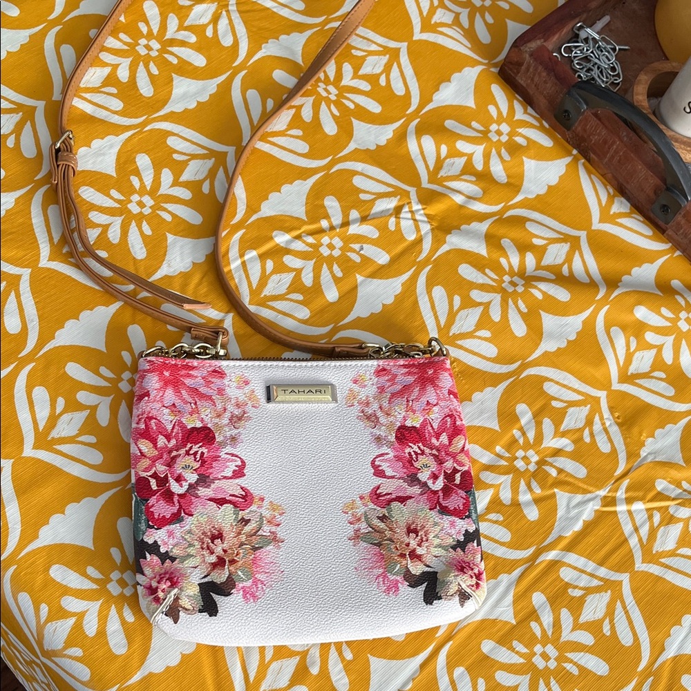 Tahari White and Pink Floral Crossbody Bag
